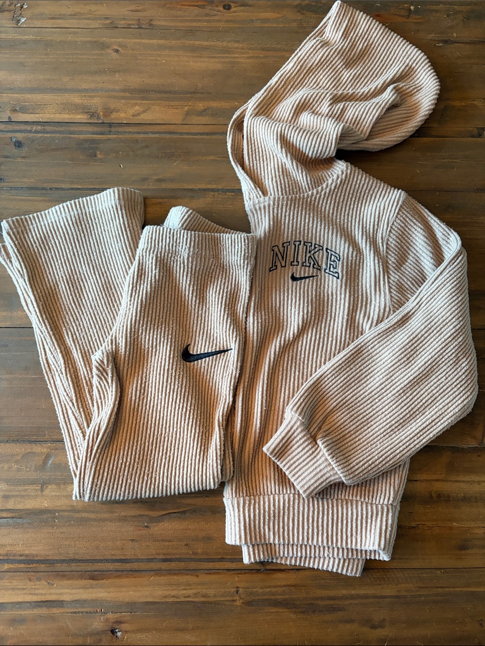 Nike Neutral Ribbed Hoodie & Joggers Set in Light Beige with Black Logos